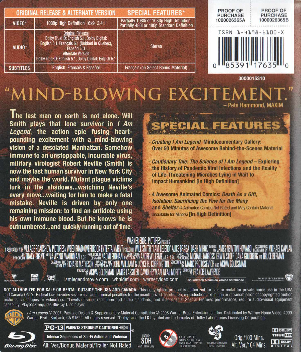I Am Legend (2007) Blu-ray, Alternate Theatrical Unrated Version