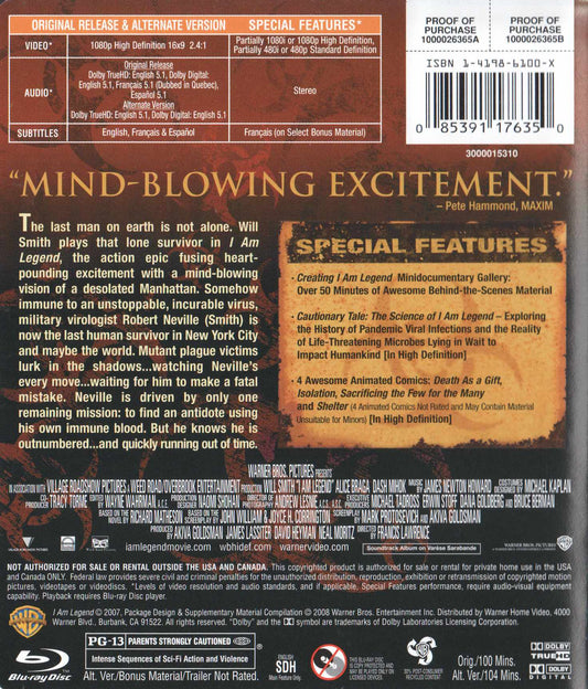I Am Legend (2007) Blu-ray, Alternate Theatrical Unrated Version